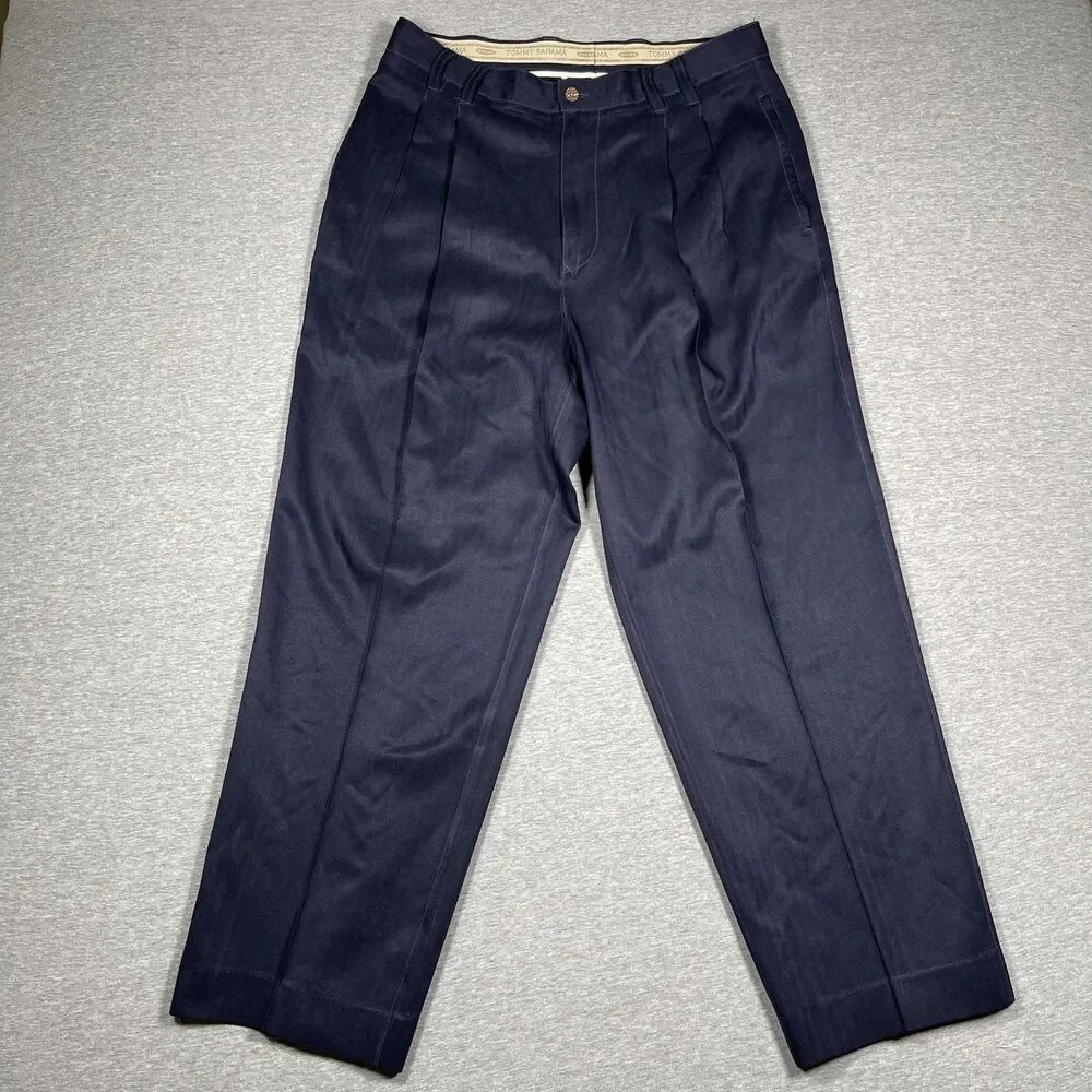 Tommy Bahama Dress Pants Mens 34 (32x28) Blue Silk Satin Pleated Relaxed Cuffed
